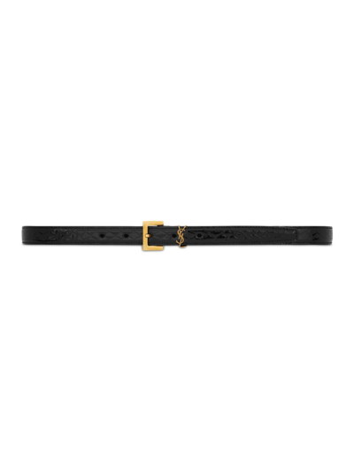 Shop Saint Laurent Women's Cassandre Thin Belt With Square Buckle In Python-embossed Leather In Nero