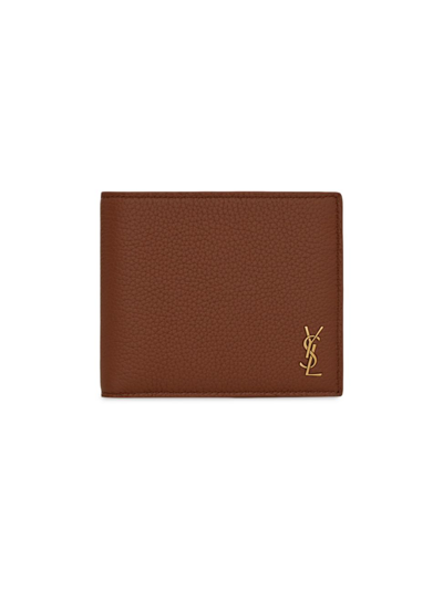 Shop Saint Laurent Men's Logo Plaque Bifold Wallet In Toasted Brown