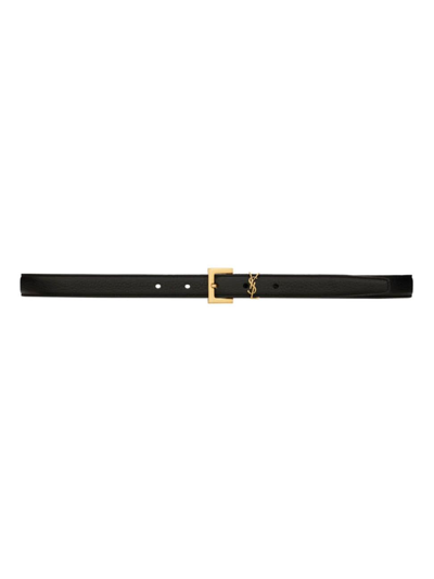 Saint Laurent Cassandre Thin Belt With Square Buckle In Grained Leather In Nero
