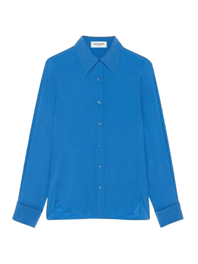 Shop Saint Laurent Women's Silk Button-front Shirt In Bleu Ceruleen
