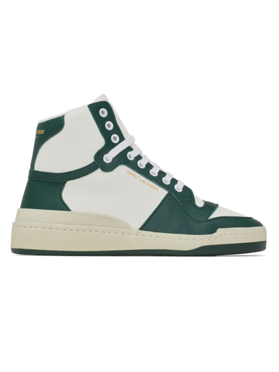 Shop Saint Laurent Men's Sl/24 Mid-top Sneakers In Smooth And Perforated Leather In White