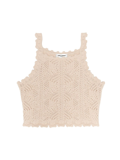 Shop Saint Laurent Women's Crochet Wool Crop Top In Naturel