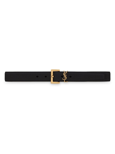 Shop Saint Laurent Women's Cassandre Belt With Square Buckle In Grained Leather In Nero