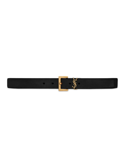 Shop Saint Laurent Women's Cassandre Belt With Square Buckle In Suede In Nero