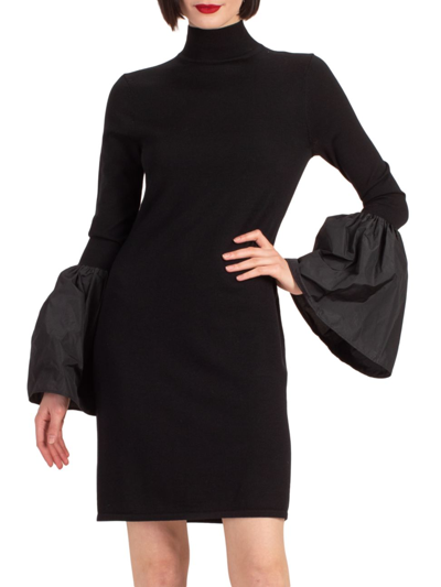 Shop Trina Turk Women's Larissa Merino Wool Bell-sleeve Turtleneck Minidress In Black