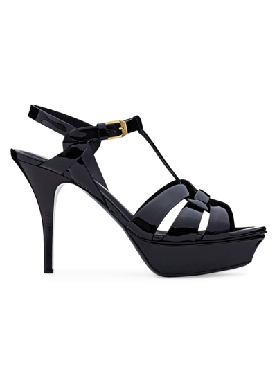 Shop Saint Laurent Women's Tribute 75mm Patent Leather Platform Sandals In Nero