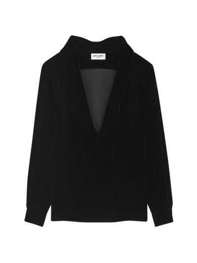 Shop Saint Laurent Women's Shawl-collar Blouse In Velvet In Noir