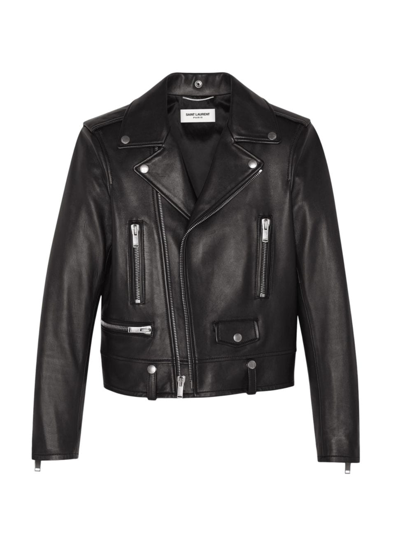 Shop Saint Laurent Men's Motorcycle Jacket In Plunged Lambskin In Black