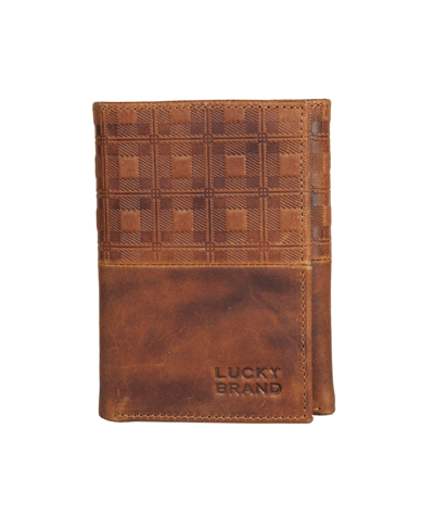 Shop Lucky Brand Men's Plaid Embossed Leather Trifold Wallet In Brown