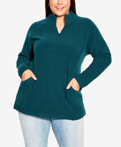 Shop Avenue Plus Size Polar Fleece Pocket Tunic Top In Emerald