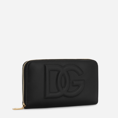 Dolce & Gabbana Calfskin Zip-around Wallet With Dg Logo In Black