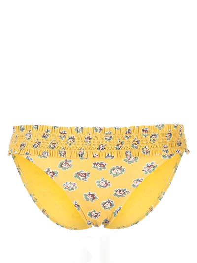 Tory Burch Floral-print Smocked Bikini Bottoms In 黄色