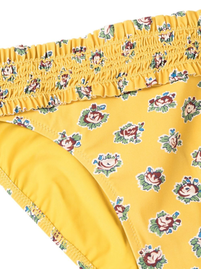 Tory Burch Floral-print Smocked Bikini Bottoms In 黄色