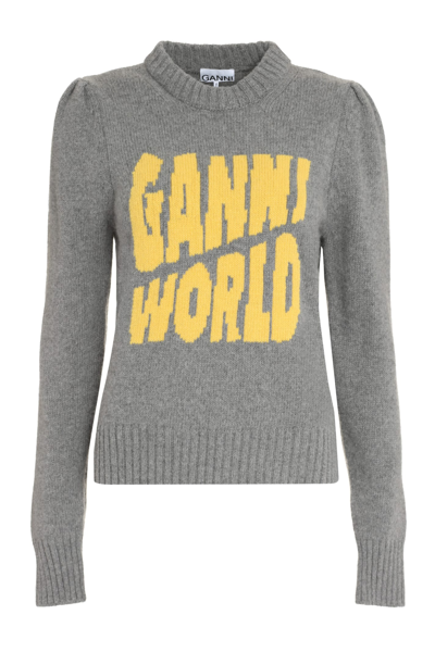 Shop Ganni Logo Wool Sweater In Grey