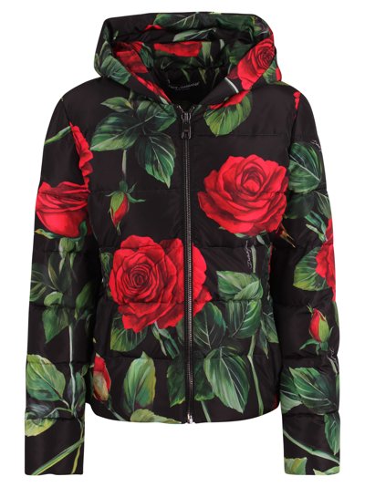 Shop Dolce & Gabbana Rose Print Hooded Down Jacket In Black