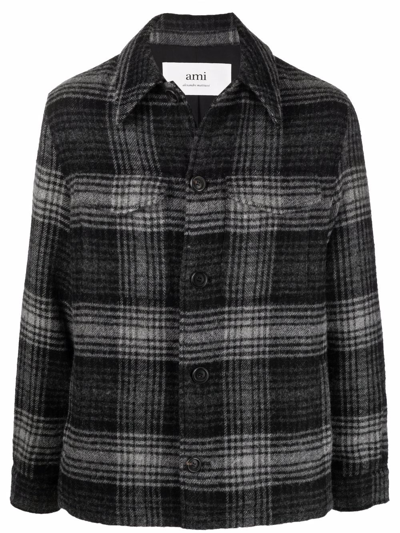 Ami Alexandre Mattiussi Buttoned Jacket In Check Felted Wool In Black