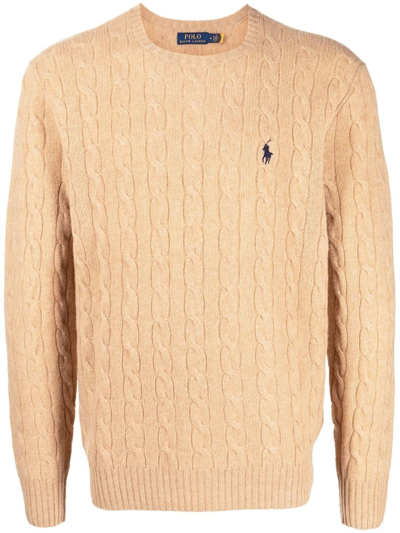 Polo Ralph Lauren Beige Cable Knit Crewneck Sweater With Pony Embroidery On The Front In Wool And Cashmere Man In Nude