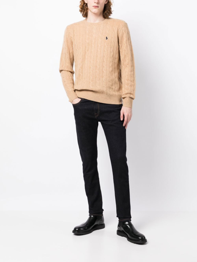 Polo Ralph Lauren Beige Cable Knit Crewneck Sweater With Pony Embroidery On The Front In Wool And Cashmere Man In Nude