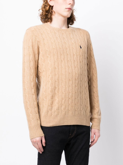 Polo Ralph Lauren Beige Cable Knit Crewneck Sweater With Pony Embroidery On The Front In Wool And Cashmere Man In Nude