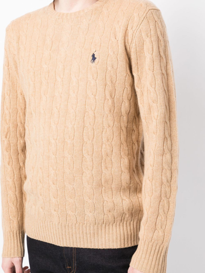 Polo Ralph Lauren Beige Cable Knit Crewneck Sweater With Pony Embroidery On The Front In Wool And Cashmere Man In Nude