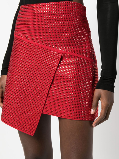 Shop Andreädamo Asymmetrical Crystal-studded Wrap Skirt In Red