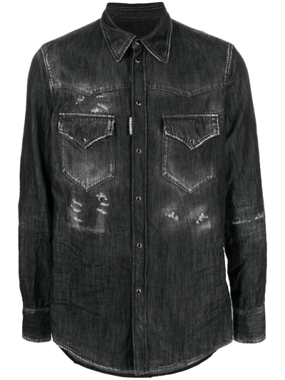 Shop Dsquared2 Distressed-finish Denim Shirt In Black