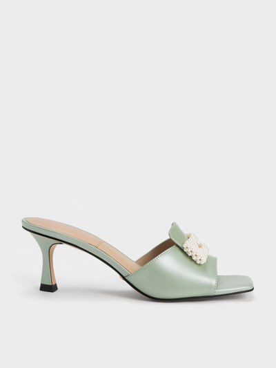 Shop Charles & Keith - Beaded Leather Square-toe Mules In Green