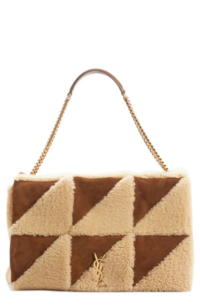 Saint Laurent Jamie Ysl Shearling Chain Shoulder Bag In Natural