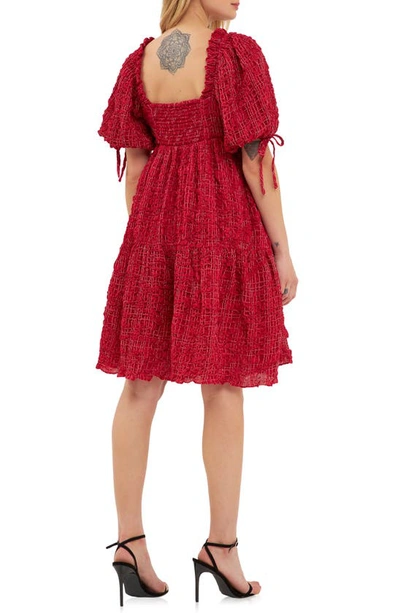 English Factory Gingham Crinkled Flounce A-line Dress In Burgundy