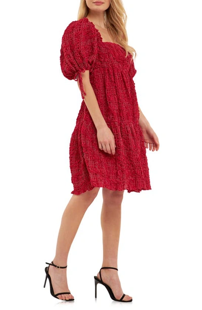 English Factory Gingham Crinkled Flounce A-line Dress In Burgundy