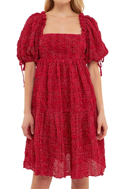 English Factory Gingham Crinkled Flounce A-line Dress In Burgundy