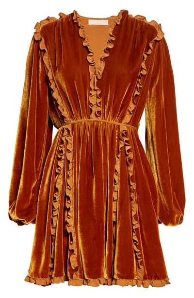 Shop Ulla Johnson Erika Long Sleeve Ruffle Velvet Dress In Sandstone