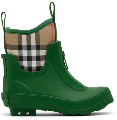 Shop Burberry Kids Green Vintage Check Boots In Ivy Green