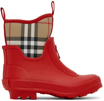 Shop Burberry Kids Red Vintage Check Rain Boots In Bright Red