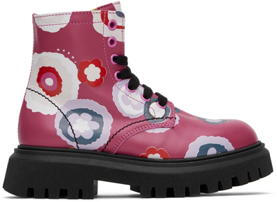 Shop Marni Kids Pink Floral Lace-up Boots In Var. 1