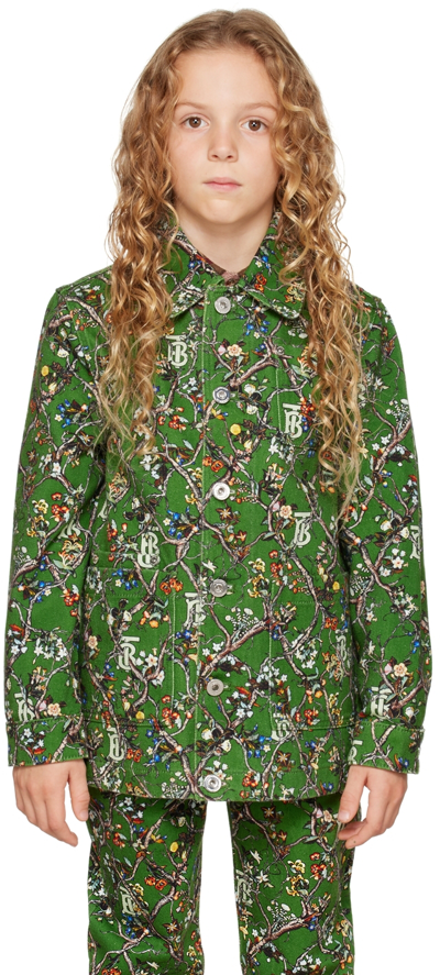 Shop Burberry Kids Green Monogram Denim Jacket In Ivy Green Ip Ptt