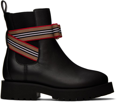 Shop Burberry Kids Black Icon Stripe Bow Boots
