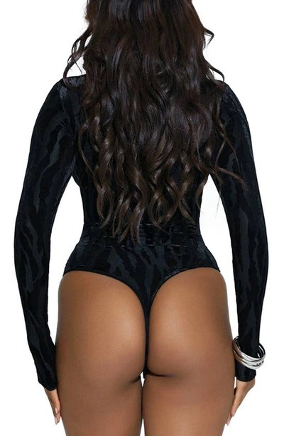 Shop Naked Wardrobe Tiger Print Long Sleeve Velvet Bodysuit In Black Tiger Print
