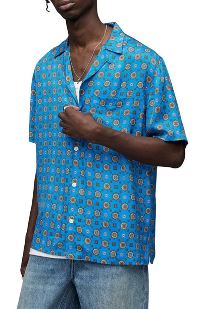 Allsaints Emblem Geo Print Regular Fit Camp Shirt In Blue