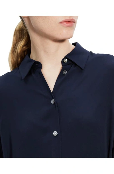 Shop Theory Long Sleeve Tie Waist Silk Shirtdress In Nocturne Navy - Xlv