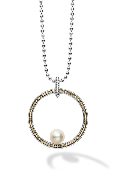 Shop Lagos Open Circle Pearl Pendant Necklace In Silver Gold Pearl
