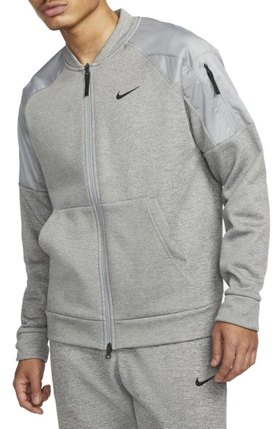 Shop Nike Therma-fit Water Repellent Full Zip Bomber Jacket In Grey Heather/ Grey/ Black
