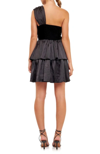 Endless Rose Velvet Contrast Satin Bow Tie One-shoulder Minidress In Black