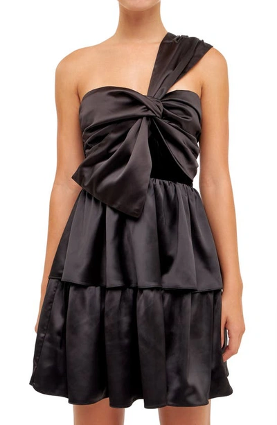 Endless Rose Velvet Contrast Satin Bow Tie One-shoulder Minidress In Black