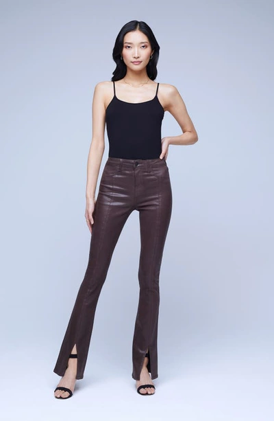 Shop L Agence Beatrix Coated Slit Leg Bootcut Jeans In Cocoacoated