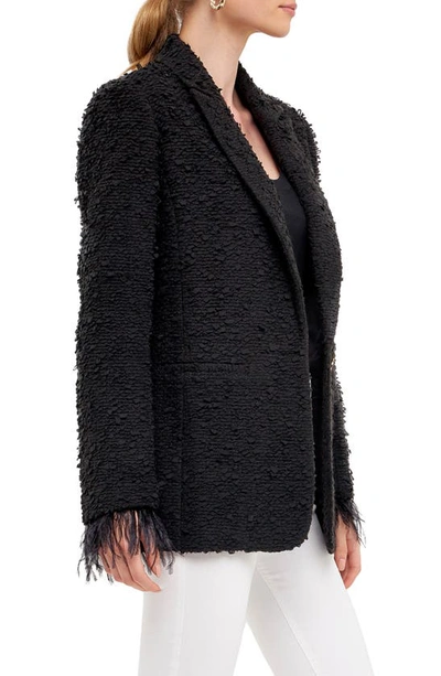 Endless Rose Feather Cuff Tweed Blazer In Black