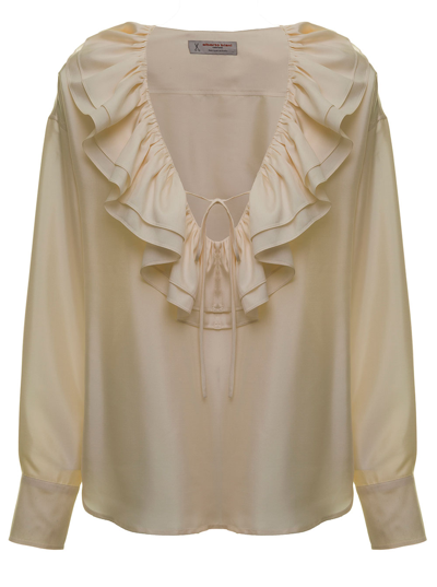 Shop Alberto Biani Woman Ivory Colored Silk Shirt With Ruffles In White
