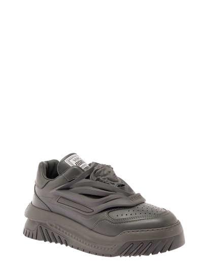 Shop Versace Odissea Charcoal Leather And Rubber Sneakers  Man In Grey