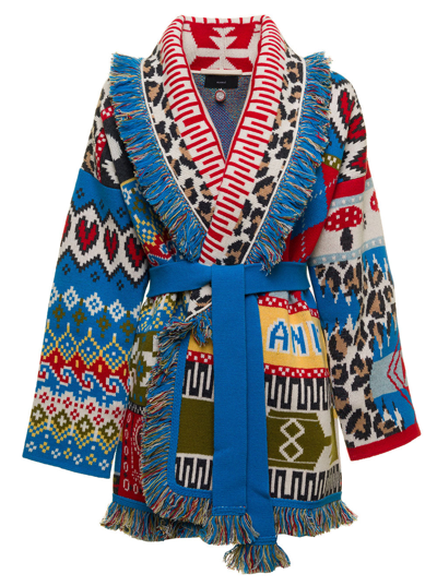 Shop Alanui Oversize Multicolor Cardigan In Wool Cashmere Blend Finishing With Fringes