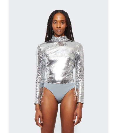 Shop Brandon Maxwell Long Sleeve Sequin Bodysuit In Silver